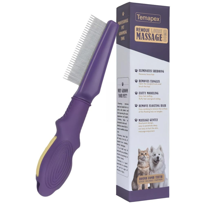 Pet Comb for Dogs & Cats with Long & Short Stainless Steel Metal Teeth For Shedding and Tangles, Non-Slip & Anti-Static Rubber Handle, Safe & Gentle Pet Grooming Comb - PawsPlanet Australia