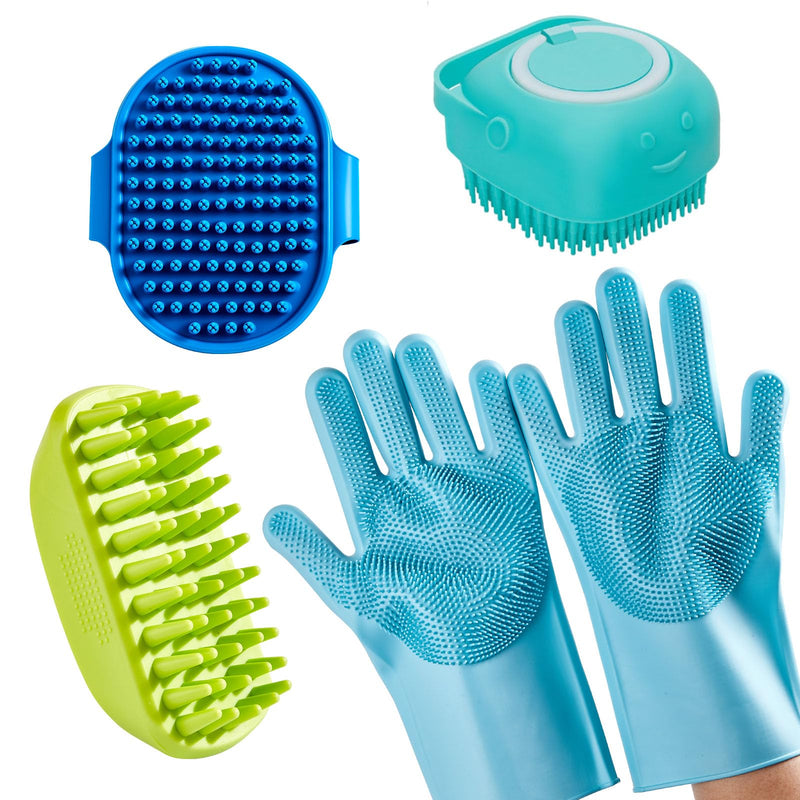 4-Piece Rubber Pet Grooming Kit for Dogs and Cats - Gentle Deshedding Brush & Massage Gloves, Suitable for Short & Long Hair, Bathing and Shedding Tool（3 * Blue+Green） - PawsPlanet Australia
