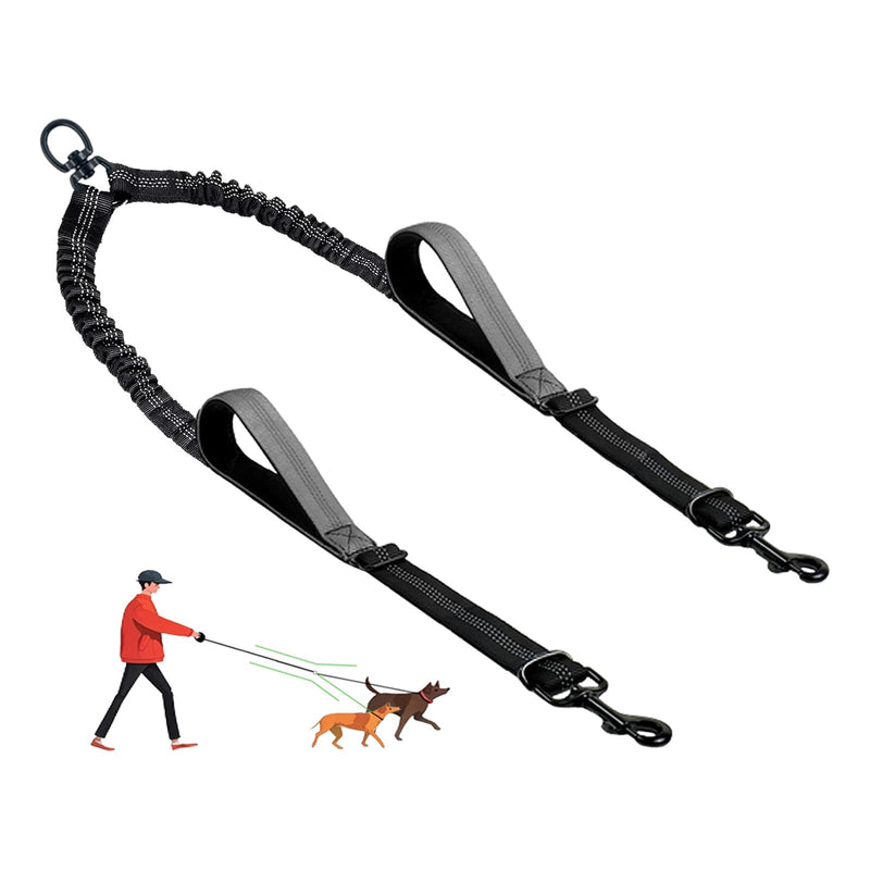 Double Dog Leash - No Tangle Splitter for Two Dogs, Coupler with Adjustable Long Lead Rope, Dual Control Handles, Retractable No Pull Bungee, Walk Train Small Medium Large 2 Pets (Grey) Grey - PawsPlanet Australia