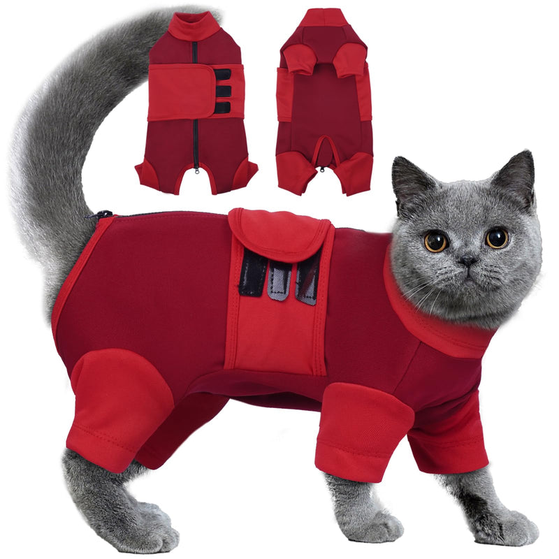 Adjustable Calming Suit Cat Clothes with Zipper, Anxiety Jacket Vest, Cat Apparel for Fireworks, Separation, Thunderstorms, Loud Noises, Comfortable Wrap Reduce Anxiety, Red X-Large X-Large(Back Length 14.17'') - PawsPlanet Australia