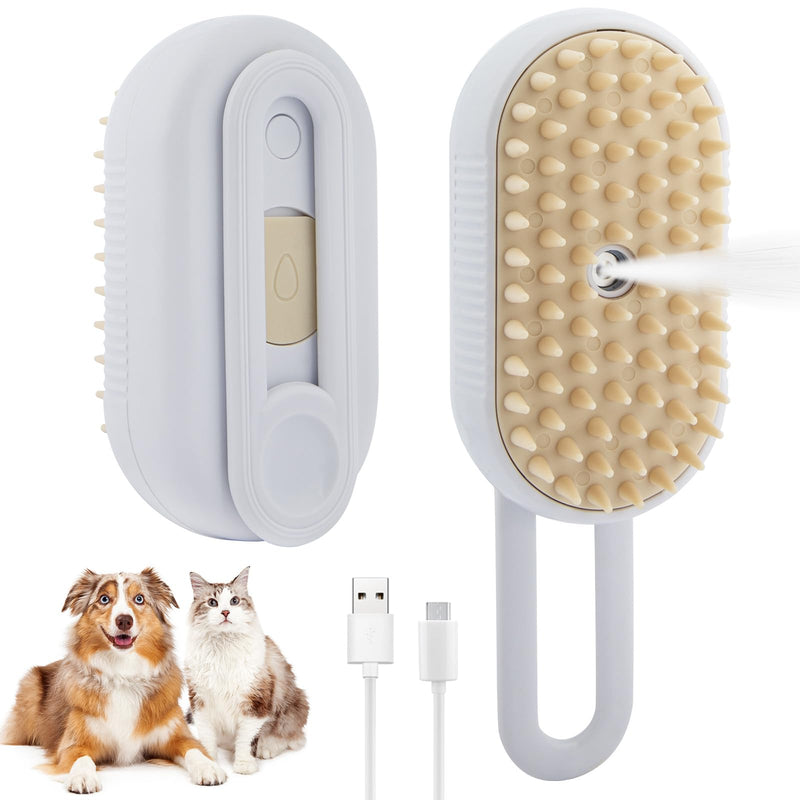 4 in 1 Cat Steam Brush Cat and Dog Anti-Static steam Brush with Spray for Massaging,cleaning,Shedding,Grooming,Rechargeable Pet Grooming Brushes(white brush) white brush - PawsPlanet Australia