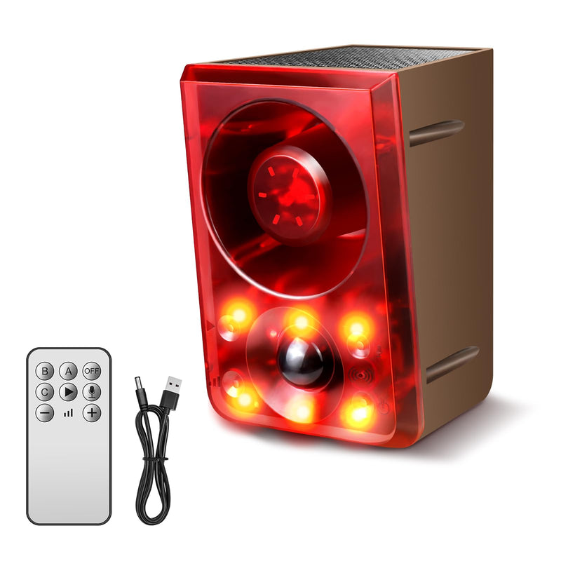 Solar Outdoor Motion Sensor Alarm, Dog Barking&Gunshot Sound,130db Loud Noise Maker,Support Recording,13 Kinds of Sound and Strobe Light to Deter Raccoons, Deer, Skunks, Bears, and Coyotes 1 Remote+1 Sensor