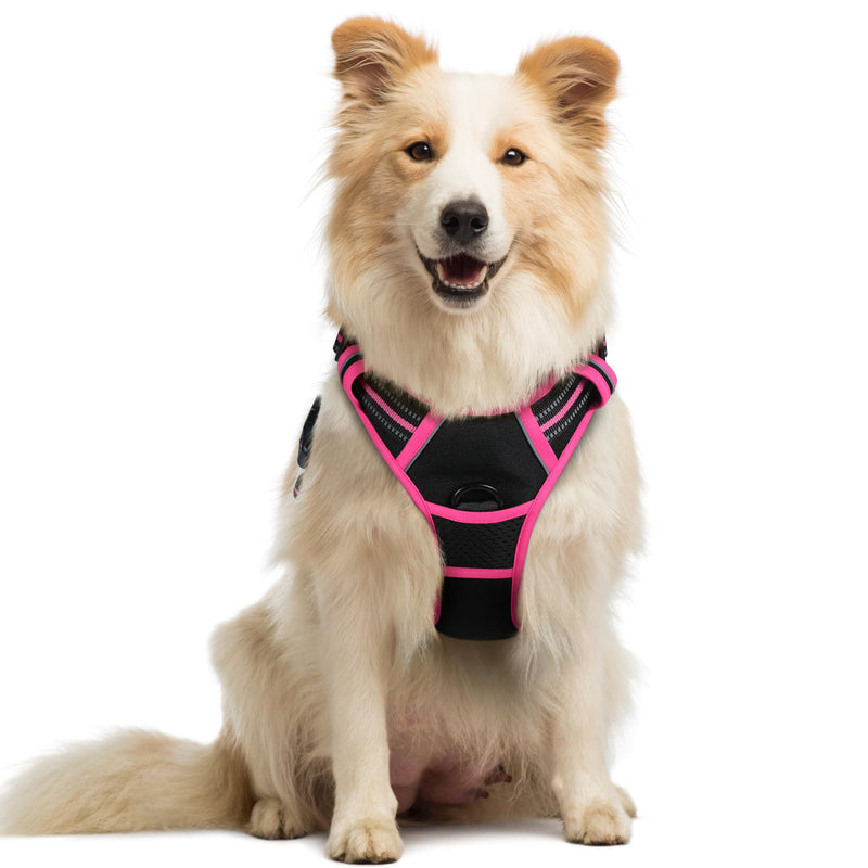rabbitgoo Dog Harness No Pull with 2 Leash Clips, Adjustable Soft Padded, Reflective Oxford No Choke Pet Vest with Easy Control Handle for Large Dogs, Black & Hot Pink, M Medium - PawsPlanet Australia