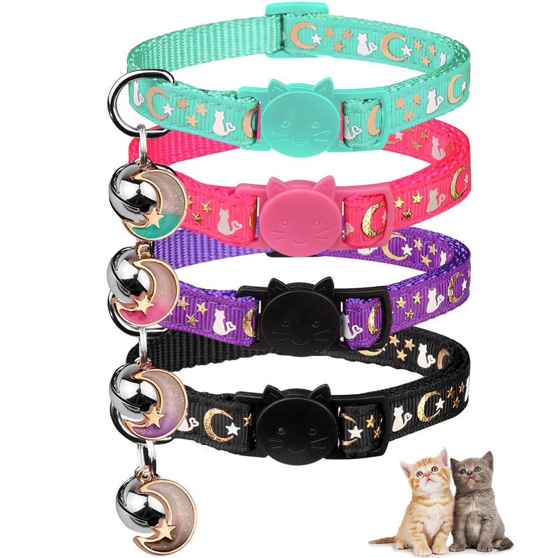 4PCS Cat Collar with Bells,Breakaway Cat Collars,Kitten Collar with Bell Moons Stars Cute Kitty Safe with Pendant,Cat Collars for Girl Cats 6.9-10.7 Inch(Black&Purple&Pink&Teal) 6.9"-10.7" Black&Purple&Pink&Teal - PawsPlanet Australia