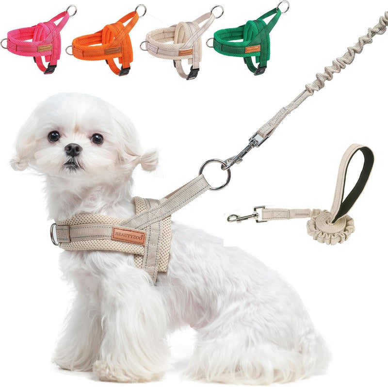 BEAUTYZOO Dog Harness for Small Dogs, No Pull Dog Harness and Leash Set, Soft Escape Proof Puppy Vest Harness with Handle, Reflective Lightweight Step in Harness for Girl Boy Dogs, Beige S S: Chest 17.5"-22" Beige_Mesh - PawsPlanet Australia