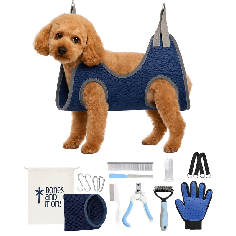 Grooming Hammock Kit for Dogs & Cats, Includes Hammock Harness, Nail Clippers, Nail File, Grooming Glove, Dematting Comb, S-Hooks, Carabiners & Storage Bag for Easy Home Grooming small (75×49) cm Blue - PawsPlanet Australia