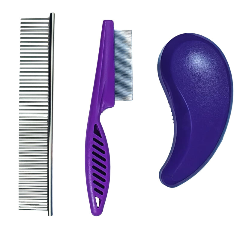 3 PCS Puppy Brush Grooming Kit, Stainless Steel Flea Comb, Fit for Yorkie, Shih Tzu, Maltipoo, Soft Bristle (Dark Purple) Dark Purple - PawsPlanet Australia