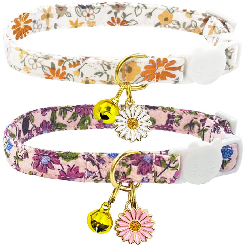 2 Pack Cotton Breakaway Cat Collars Set with Bell and Flower Pendant, Cute Floral Fruit Patterned, Adjustable 7.5-11Inch, Include A Mouse Toy Gift beige+dark pink - PawsPlanet Australia