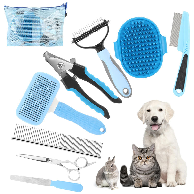 Cat Grooming Brush, 9PCS Dog Brush Kit with Pet Nail Clipper and File, Deshedding Brush for Cats, Cats Dog Shedding Brushs for Small Large Pets, Includes Flea Comb, Bath Brushs,Undercoat Rake (Blue) Blue - PawsPlanet Australia