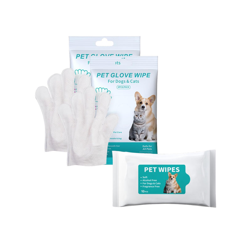 Disposable pet Cleaning Gloves Wet Wipes, Suitable for Daily Cleaning and Travel use. Two Packs of unscented Glove Wet Wipes (Green Packaging, 12 Pieces Each) + 1 Pack of Wet Wipes (as a Gift) - PawsPlanet Australia
