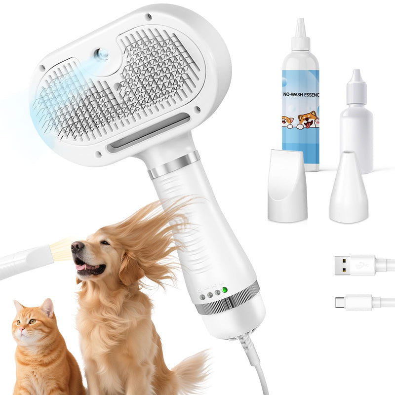 Cat Steam Brush with 600W High-Power Pet Dryer, Pet Spray Hair Removal Comb, 5 in 1 Cat & Dog Brush for Shedding, Includes Shampoo(Wired) White - PawsPlanet Australia