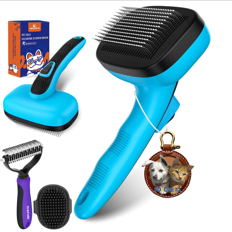 Dog Brush Kit - Self-Cleaning Slicker Brush with Bath Brush & Undercoat Rake | Deshedding Tools for Large - Small Dogs & Cats, Professional 3-in-1 Pet Grooming Set for Heavy Shedding, Blue - PawsPlanet Australia