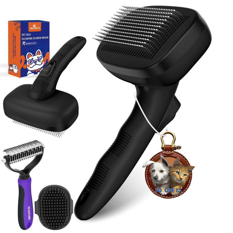 Dog Brush Kit - Self-Cleaning Slicker Brush with Bath Brush & Undercoat Rake | Deshedding Tools for Large - Small Dogs & Cats, Professional 3-in-1 Pet Grooming Set for Heavy Shedding, Black - PawsPlanet Australia