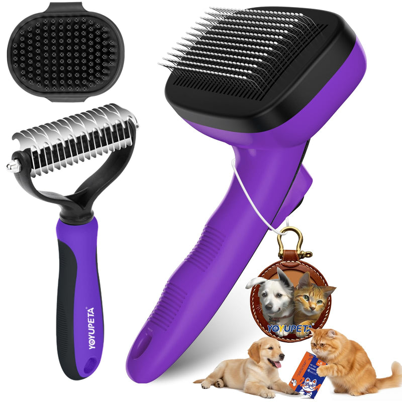 3PC Dog Brush Kit - Self-Cleaning Slicker Brush with Bath Brush & Undercoat Rake | Deshedding Tools for Large - Small Dogs & Cats, Professional Pet Grooming Set for Heavy Shedding, Purple 3 PCS Purple - PawsPlanet Australia