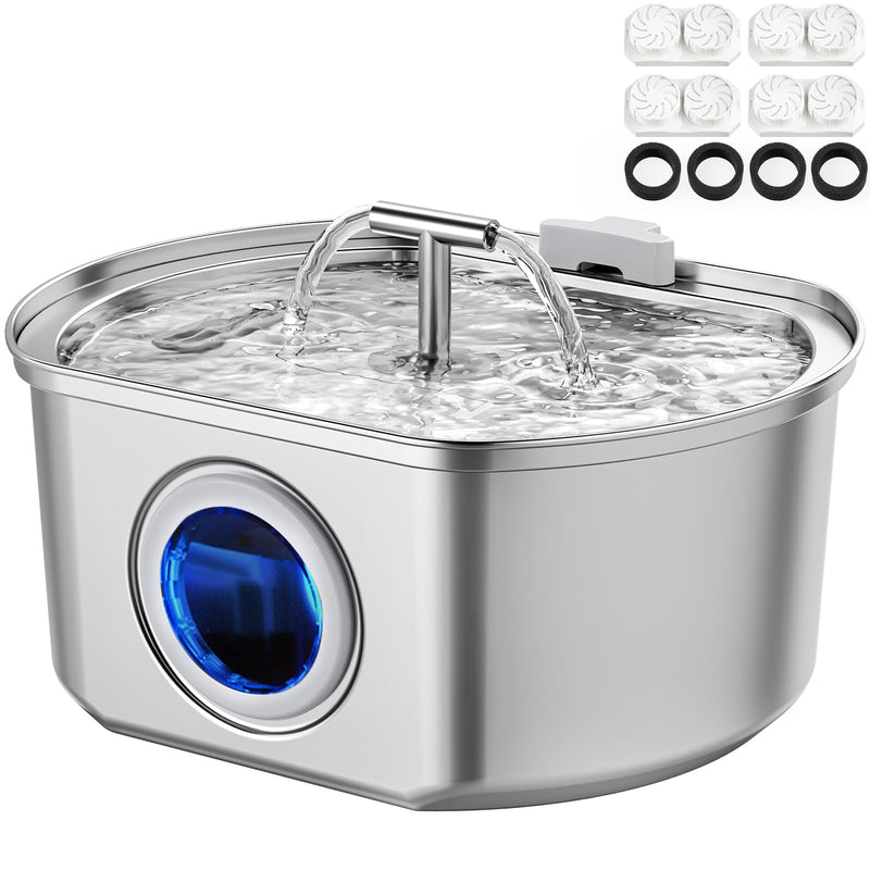 Cat Water Fountain Stainless Steel - Pet Drinking Fountain for Cats Indoor - 3.2L/108oz Automatic Water Dispenser with Watering Level Window (4 Filter) Cat Fountain + 4 Filters + 4 Sponges - PawsPlanet Australia