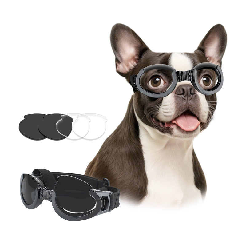 PETLESO Dog Goggles Medium Breeds, Clear UV Protection Dog Sunglasses with Black Replaceable Lenses, Adjustable Doggy Glasses for Outdoor Activities Hiking/Camping Windproof Pet Eyewear Black (Clear+Black Lens) - PawsPlanet Australia