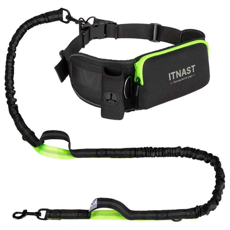 Hands Free Dog Leash for Medium Large Dogs, Waist Support Padded Bungee Dog Running Leash with Reflective Stitching for Walks, Jogging, Running, Hiking, and Dog Training for One Dog Black/Green - PawsPlanet Australia