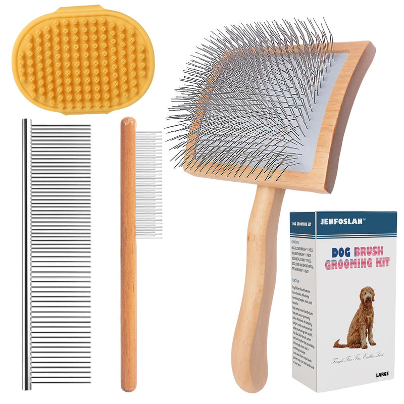 Slicker Brush for Dogs, Professional Dog Grooming Brush for Golden Doodle & Poodle - Deshedding Dog Brush for Medium or Long Haired Dogs, Remove Tangles, Knots and Mats (4PCS, Wooden, Large) - PawsPlanet Australia
