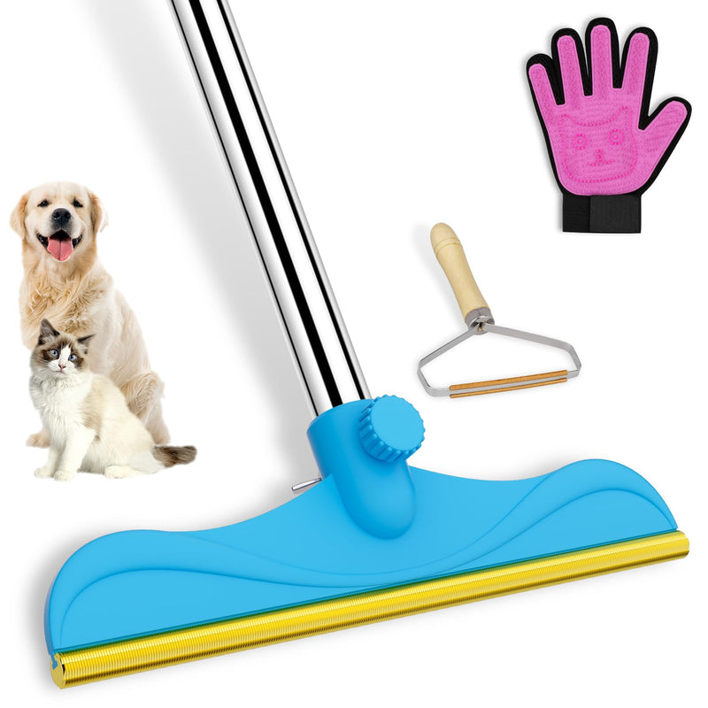 3 in 1 Carpet Rake Kit for Pet Hair Removal Tool - 45” Adjustable Long Handle Pet Hair Remover, Reusable Carpet Scraper Dog Cat Deep Hair Cleaner Remover Tool for Rugs, Mats, Couch, Furniture 45inch Blue - PawsPlanet Australia