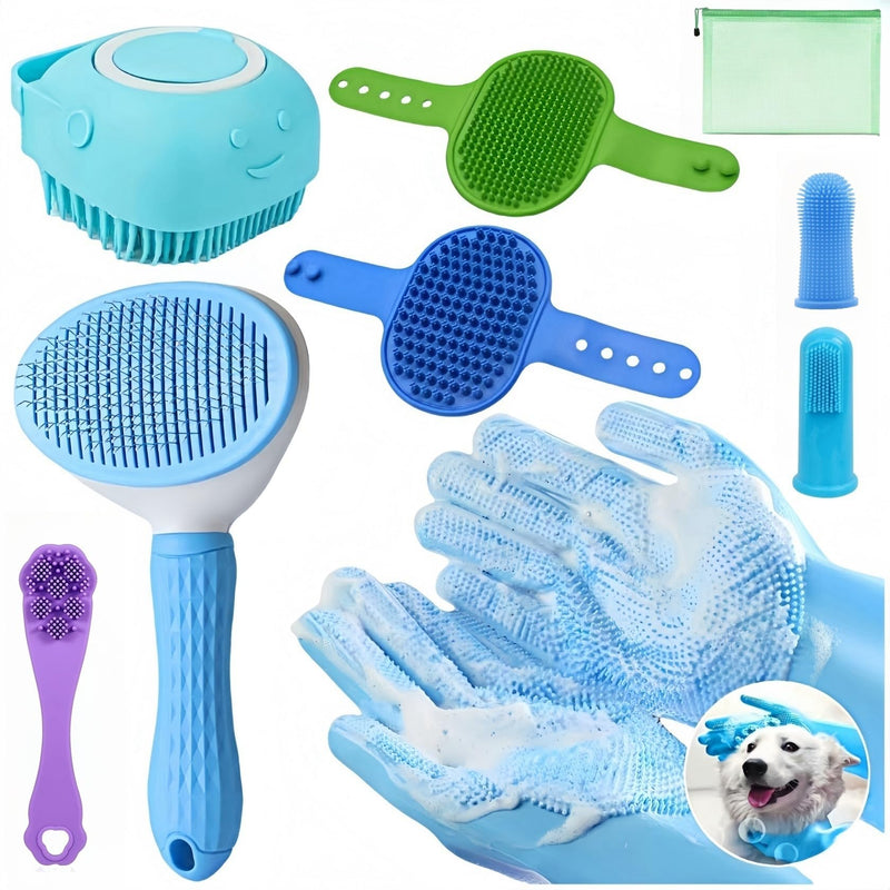 9-in-1 Pet Grooming Kit:Deshedding Brushs,Massage Gloves Brush,Silicone Finger Toothbrushes,Shampoo Bath Brushs,Slicker Brush – Complete Grooming Set for Dogs, Cats, and Small Animals - PawsPlanet Australia