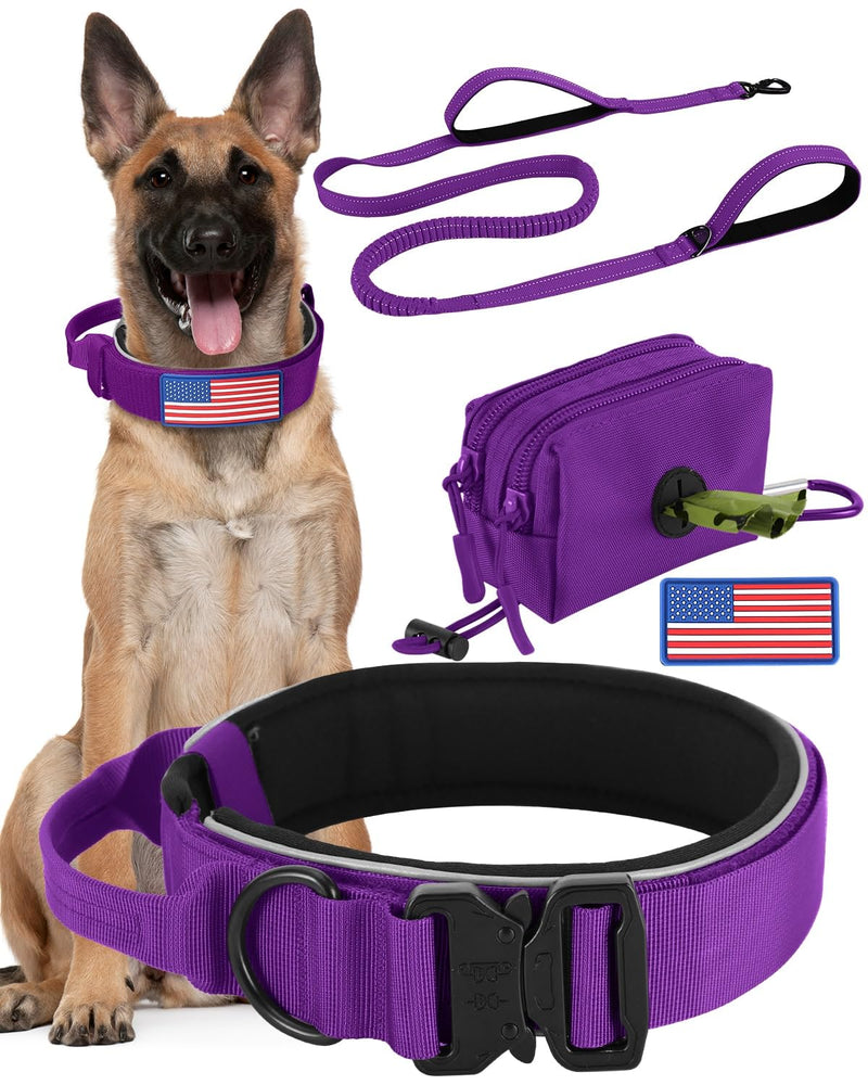 Thick Wide Dog Collar and 6-8 FT Leash Set for Large Dogs, Heavy Duty Full Metal Buckles and Soft Padded Dog Collar Leash Set, with A Poop Bag Holder for Leashes Set-Purple XL: Width 1.7", Length 18.5"-22.5" - PawsPlanet Australia