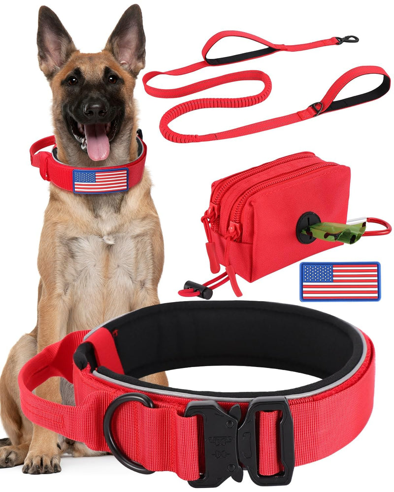 Thick Wide Dog Collar and 6-8 FT Leash Set for Large Dogs, Heavy Duty Full Metal Buckles and Soft Padded Dog Collar Leash Set, with A Poop Bag Holder for Leashes Set-Red L: Width 1.7", Length 16.5"-20" - PawsPlanet Australia