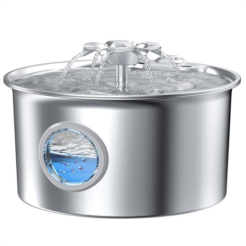 Stainless Steel Cat Water Fountain: 88oz/2.6L Ultra Quiet Pet Fountain with Flower Kitty Spout & LED Blue Light Water Dispenser with Water Level Window for Cats/Dogs Indoor (Silver) - IHOUONE cat Fountain + 1 Filters & 1 Sponges - PawsPlanet Australia