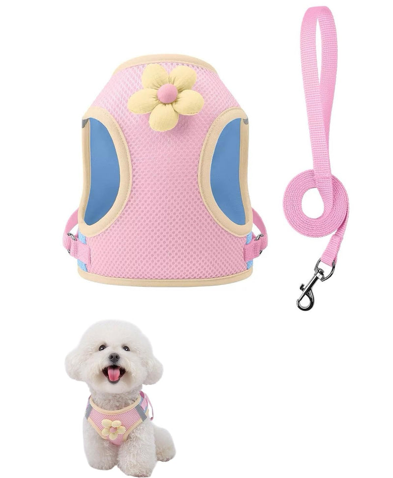 Floral Mesh Dog Harness with Matching Leash, Summer Lightweight Pet Vest, Pink/Yellow (Pink, M:8-12lbs) - PawsPlanet Australia