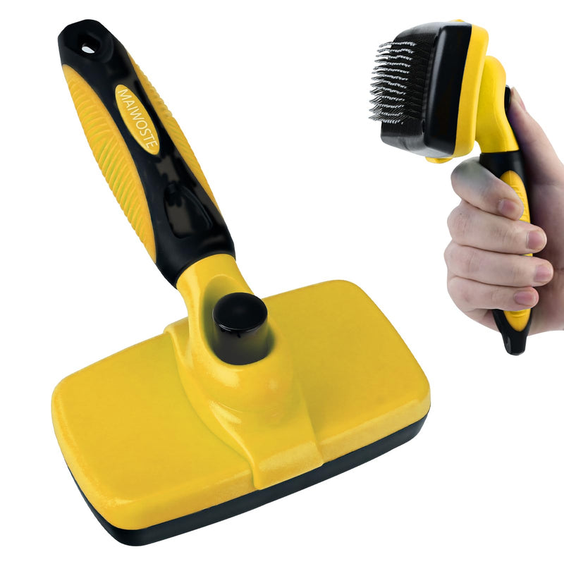 Large Self Cleaning Deshedding Brush for Dogs & Cats - One Button Hair Release Grooming Tool, Gentle Massage Brush for Long and Short Hair (Yellow) Yellow - PawsPlanet Australia