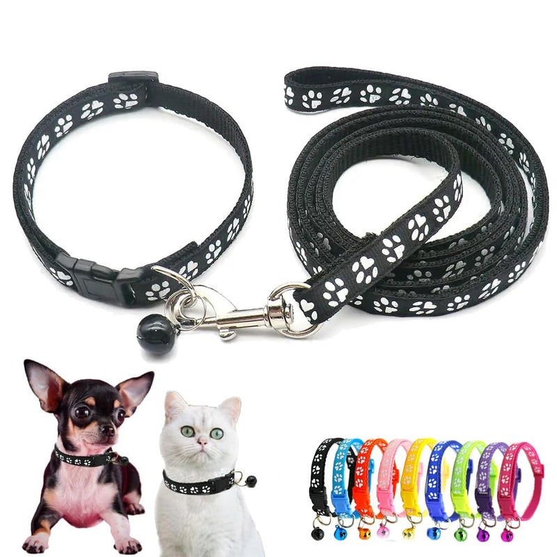 Black XS Dog Collar with Bell Leash Set, Cat Collars Puppy Collar Nylon Soft Adjustable Buckle for XXS XSmall Extra Small Tiny Boy Girl Pets Female Male Kitten Yorkie Teacup Chihuahua X-Small 2Black +Leash XS (Neck 7"-12")
