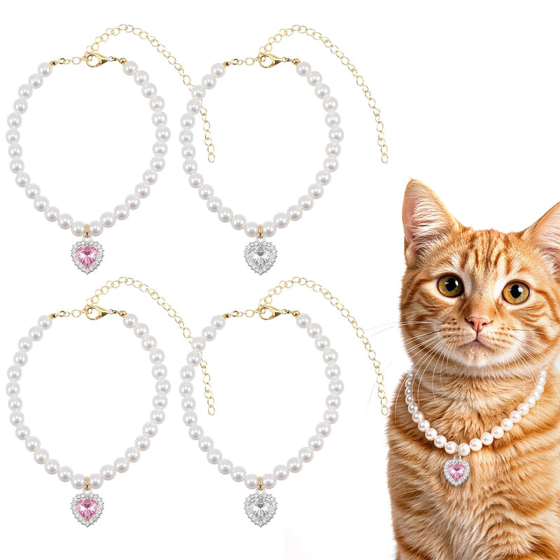 2 Pcs Girl Cat Dog Pearl Collar, Small Heart Shaped Rhinestone Pet Necklace, Pink White Diamond Kitten Collar Adjustable Wedding Party Jewelry Accessories for Puppy Kitten - PawsPlanet Australia