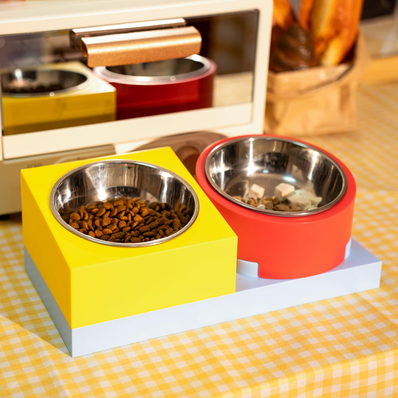 Cat Food Water Bowl Set, for Cats/Dogs, w/ 2 Raised Stainless Steel Puppy Bowls, Elevated DIY Kitten Metal Dishes Stand, Flat Tilted Pet Holder, No Spill Anti Whisker Fatigue Plastic Feeding Station - PawsPlanet Australia