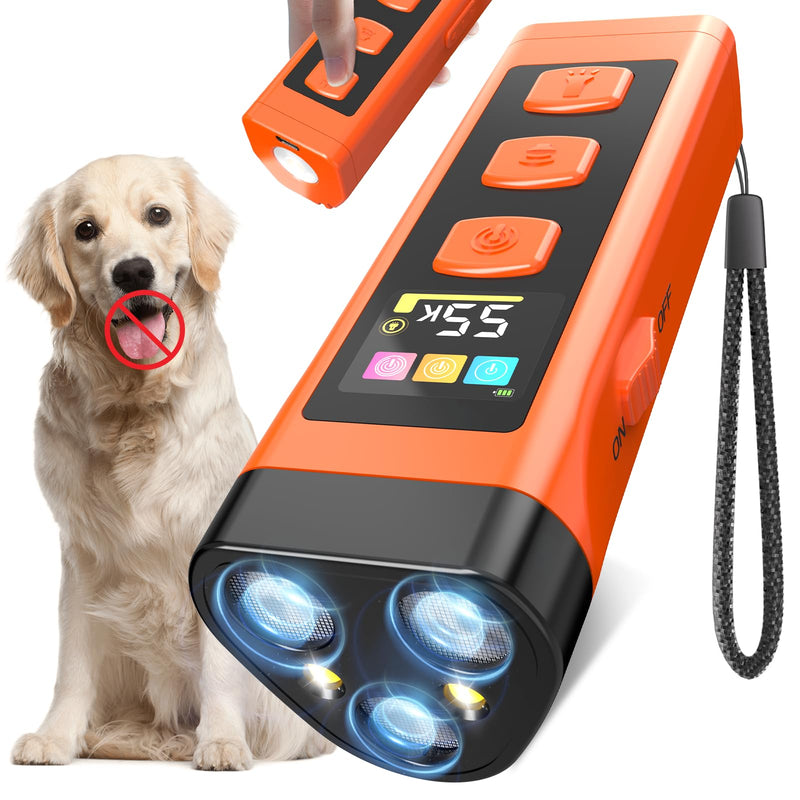 Dog Bark Deterrent Device, Color Display 2000 mAh Rechargeable Ultrasonic Anti-Barking Trainer with 4 Frequency Settings 25/30/40/55 kHz, 65ft Long-Range, Safe & Effective Alternative to Bark Collars 1 Pack Orange - PawsPlanet Australia
