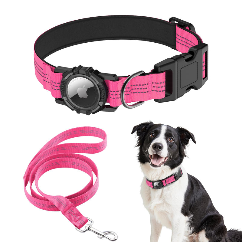 AirTag Dog Collar and Leash, IP68 Waterproof Integrated with Reflective, Ultra-Durable, Comfortable Padded, Heavy Duty Dog Collars for Small Medium Large Dogs, L (14.8"-20.3"), Pink L(14.8"-20.3") Set-Pink - PawsPlanet Australia