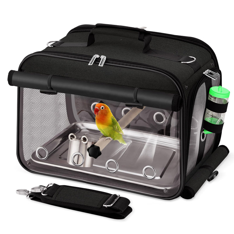 Suertree Bird Carrier Airline Approved, Bird Travel Cage with Indestructible Stainless Steel Mesh, Bird Travel Bag Lightweight and Portable with Water Bottle and Bowl Black