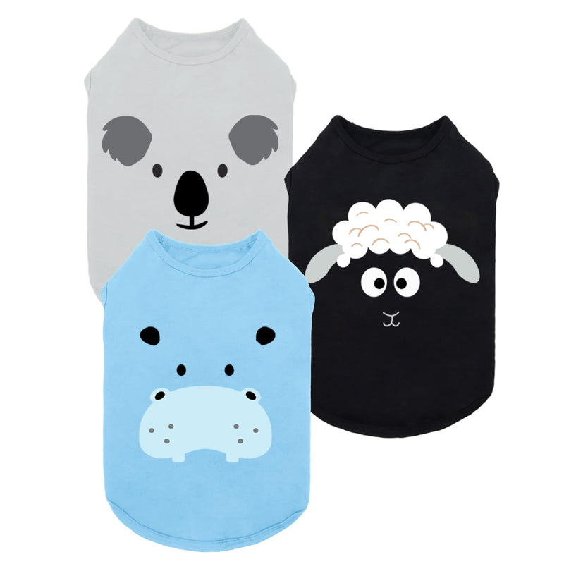 Fitwarm 3 Pack Hippo Sheep Koala Dog Shirt, Summer Clothes for Small Dogs Boy Girls, Funny Pet Outfit, Black, White, Gray, Blue, Medium Hippo-Sheep-Koala