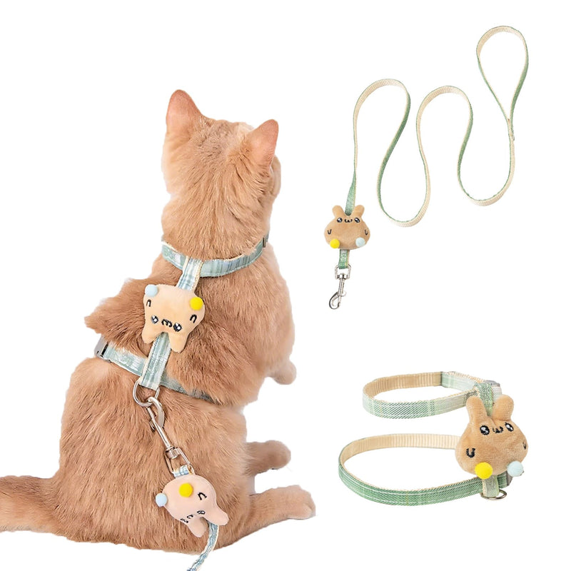 Escape Proof Cat Harness and Leash Set, H-Shape Soft Padding Vest, Adjustable Kitten Harness for Walking, No-Choke Design with Adorable Plush Decor(S/Green) S Green