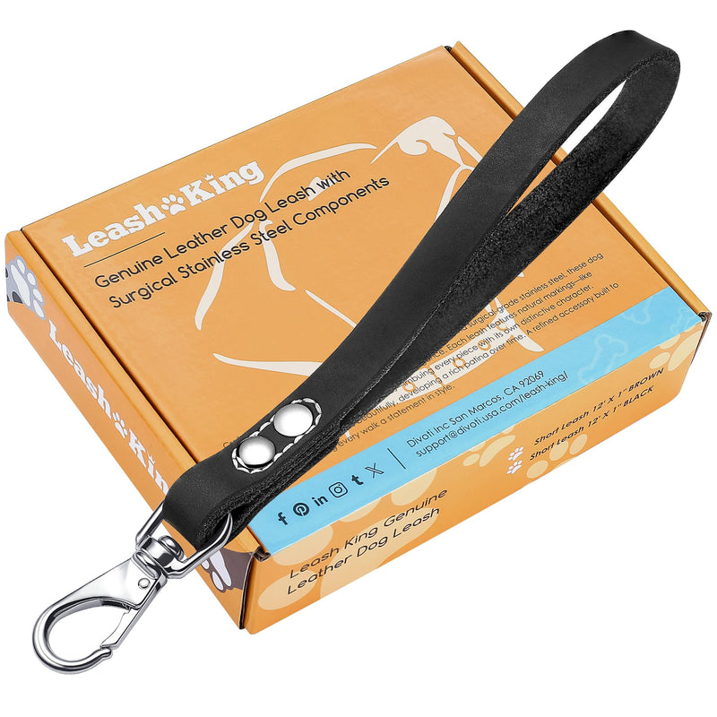 Genuine Leather Dog Leash - Heavy-Duty, Soft & Comfortable - Strong Lead for Large & Medium Breeds - Perfect for Walking, Training, Hiking & Running - 12" x 1" (Black) Black Short - PawsPlanet Australia