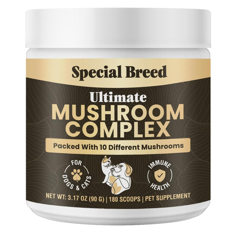 Mushroom Powder for Dogs & Cats - Organic Mushroom Complex for Immune Support, Cognition, Vitality - Ten Mushroom Supplement with Turkey Tail, Lion's Mane, Reishi - 180 Scoops 3.17oz