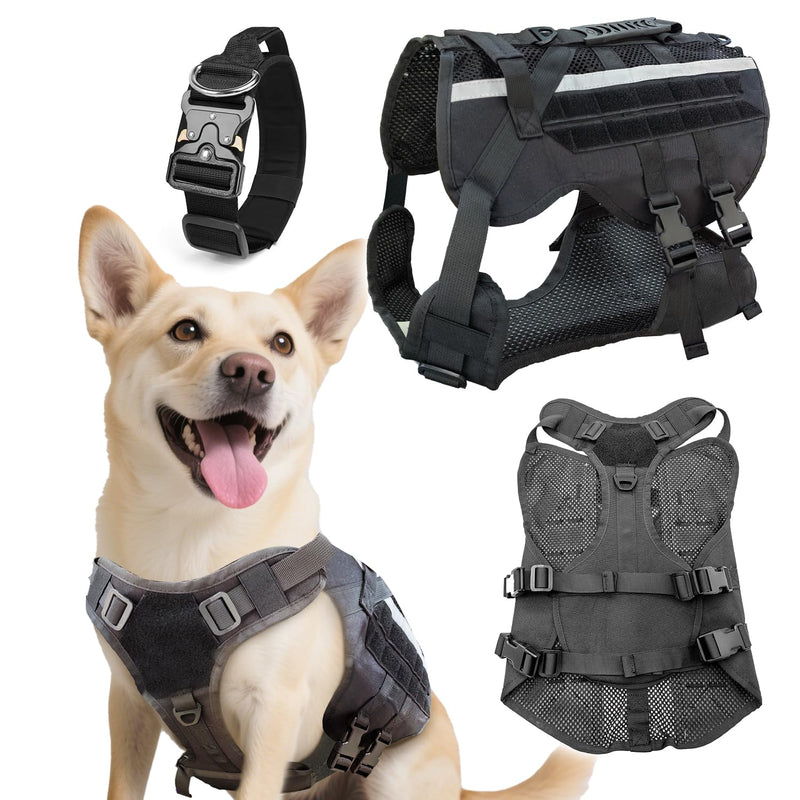 Tactical Dog Harness for Large Dogs, Tactical Dog Collar, Heavy Duty No Pull Reflective K9 Pet Harness with Handle, Adjustable Pet Vest for Training Walking and Hunting (Black, Large) Black - PawsPlanet Australia