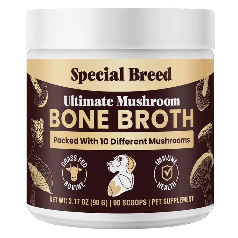 Beef Bone Broth for Dogs - High Protein Powder with Ten Organic Mushrooms & Collagen - Immune, Joint, Digestion & Cognitive Support - Tasty Dog Food Topper - Natural Hydration Booster 3.17oz