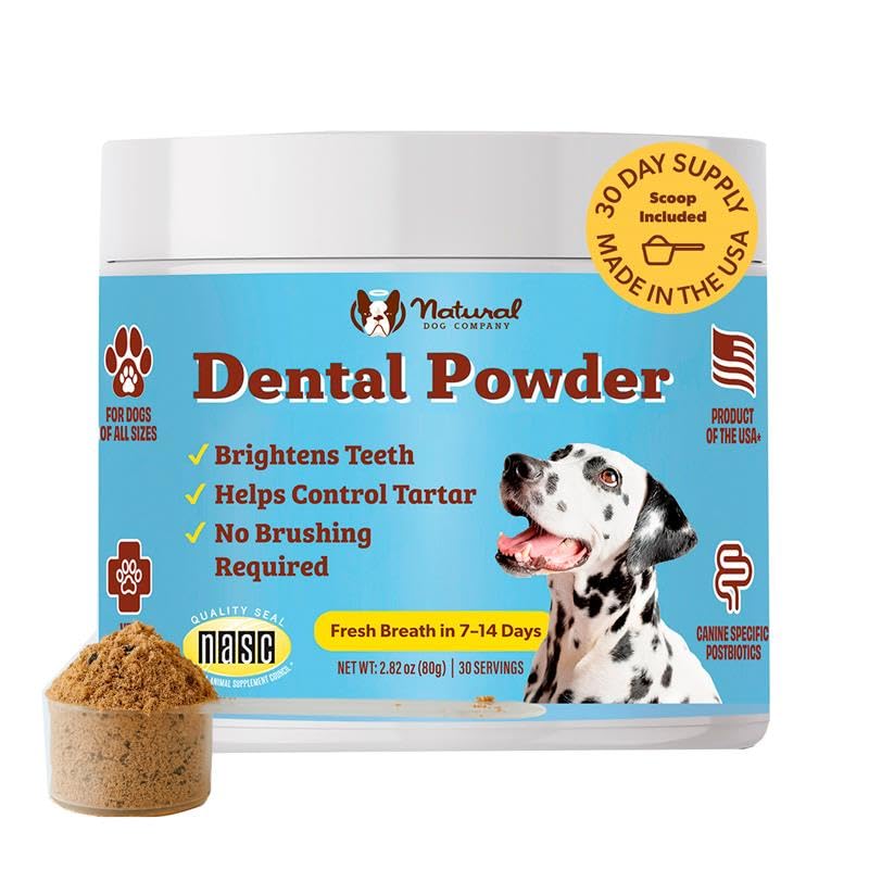 Natural Dog Company Dental Powder for Dogs – Freshens Breath & Helps Reduce Plaque & Tartar, Natural No-Brushing Canine Oral Health Postbiotic Supplement, Vet Formulated, Made in USA, 30-Day Supply