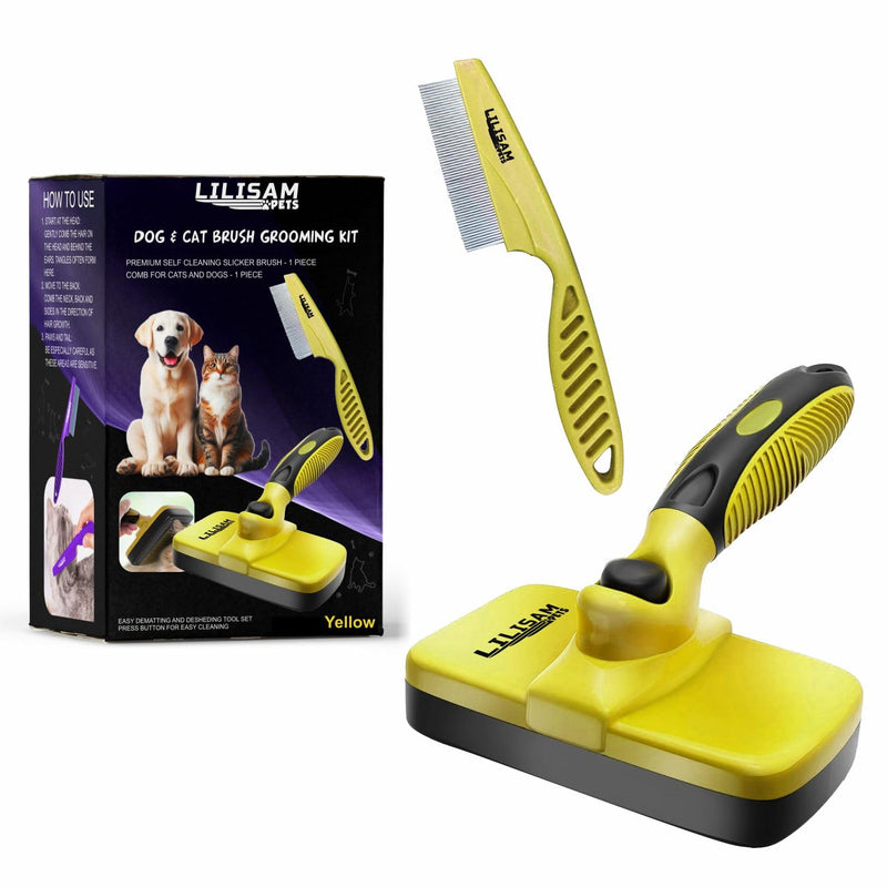 Pet Self Cleaning Slicker Brush and Grooming Comb - Gently Removes Loose Hair, Tangles, and Dirt - Skin Friendly Deshedding Grooming Tool for Hair Dogs & Cats - Pet Supplies Accessories (Yellow) Yellow - PawsPlanet Australia