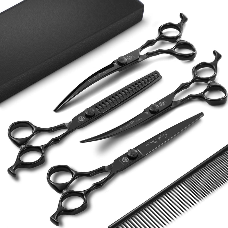 Purple Dragon Dog Grooming Scissors Set - Chunkers, Straight, Up & Down Curved Scissors and Comb, 7 Inch Black Shears with Adjustable Screw for Dogs and Cats Medium - PawsPlanet Australia