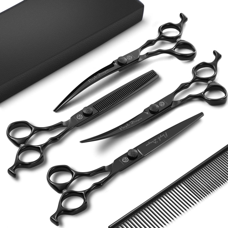 Purple Dragon Dog Grooming Scissors Set - Thinning, Straight, Up & Down Curved Scissors and Comb, 7 Inch Black Shears with Adjustable Screw for Dogs and Cats Thinning Set - PawsPlanet Australia