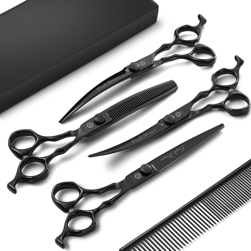 Purple Dragon Dog Grooming Scissors Set - Curved Thinning, Straight, Up & Down Curved Scissors and Comb, 7 Inch Black Shears with Adjustable Screw for Dogs and Cats Curved Thinning Set - PawsPlanet Australia