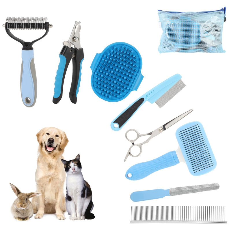 9 Pcs Pet Grooming Brush Set for Shedding, Professional Cats Dogs Long Hair Brush Nail Clipper And File Grooming Kit Self Cleanup Deshedding Multifunctional for Dogs Cats (Blue) Blue - PawsPlanet Australia
