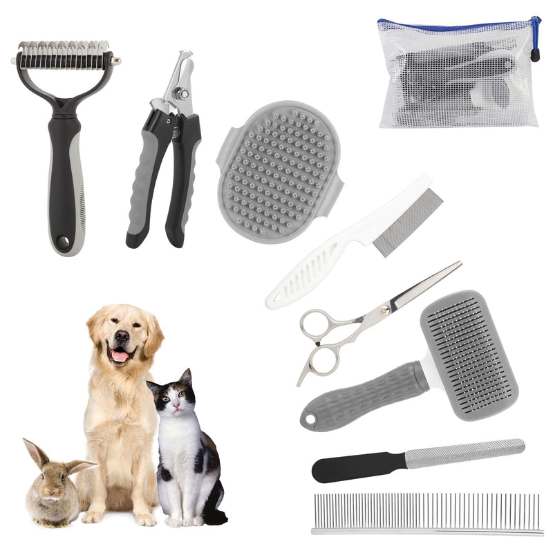 9 Pcs Pet Grooming Brush Set for Shedding, Professional Cats Dogs Long Hair Brush Nail Clipper And File Grooming Kit Self Cleanup Deshedding Multifunctional for Dogs Cats (Grey) Grey - PawsPlanet Australia