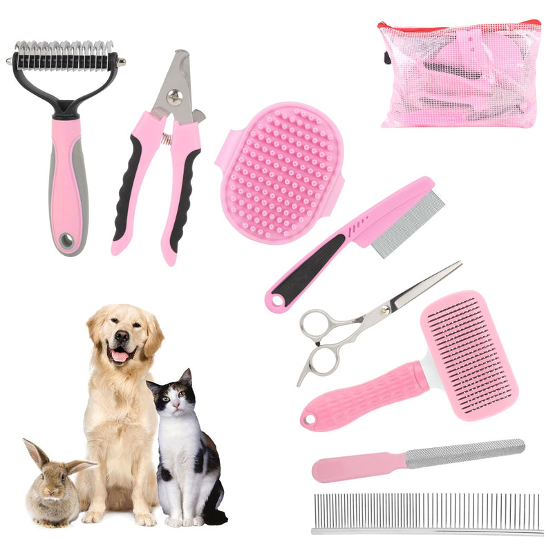 9 Pcs Pet Grooming Brush Set for Shedding, Professional Cats Dogs Long Hair Brush Nail Clipper And File Grooming Kit Self Cleanup Deshedding Multifunctional for Dogs Cats (Pink) Pink - PawsPlanet Australia