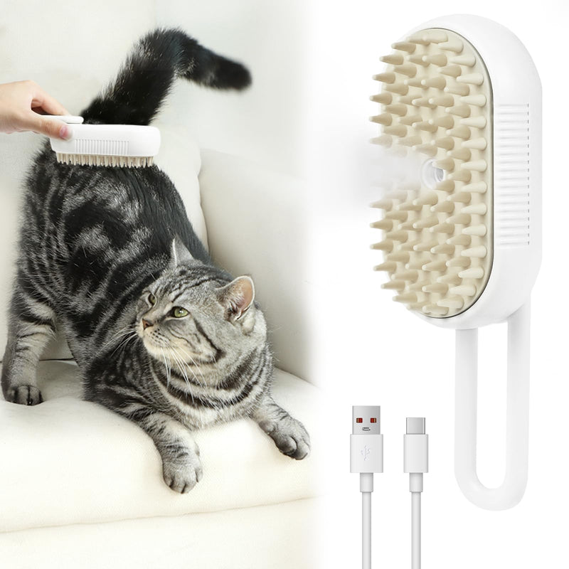 Nepfaivy Cat Steam Brush for Shedding - Steam Cat Brush for Indoor Cats, Rechargeable Steaming Pet Mist Water Steamer for Indoor Kitten, Pet Spray Hair Removal Comb for Massage, Spritz Defur Comb WhiteFoldable - PawsPlanet Australia
